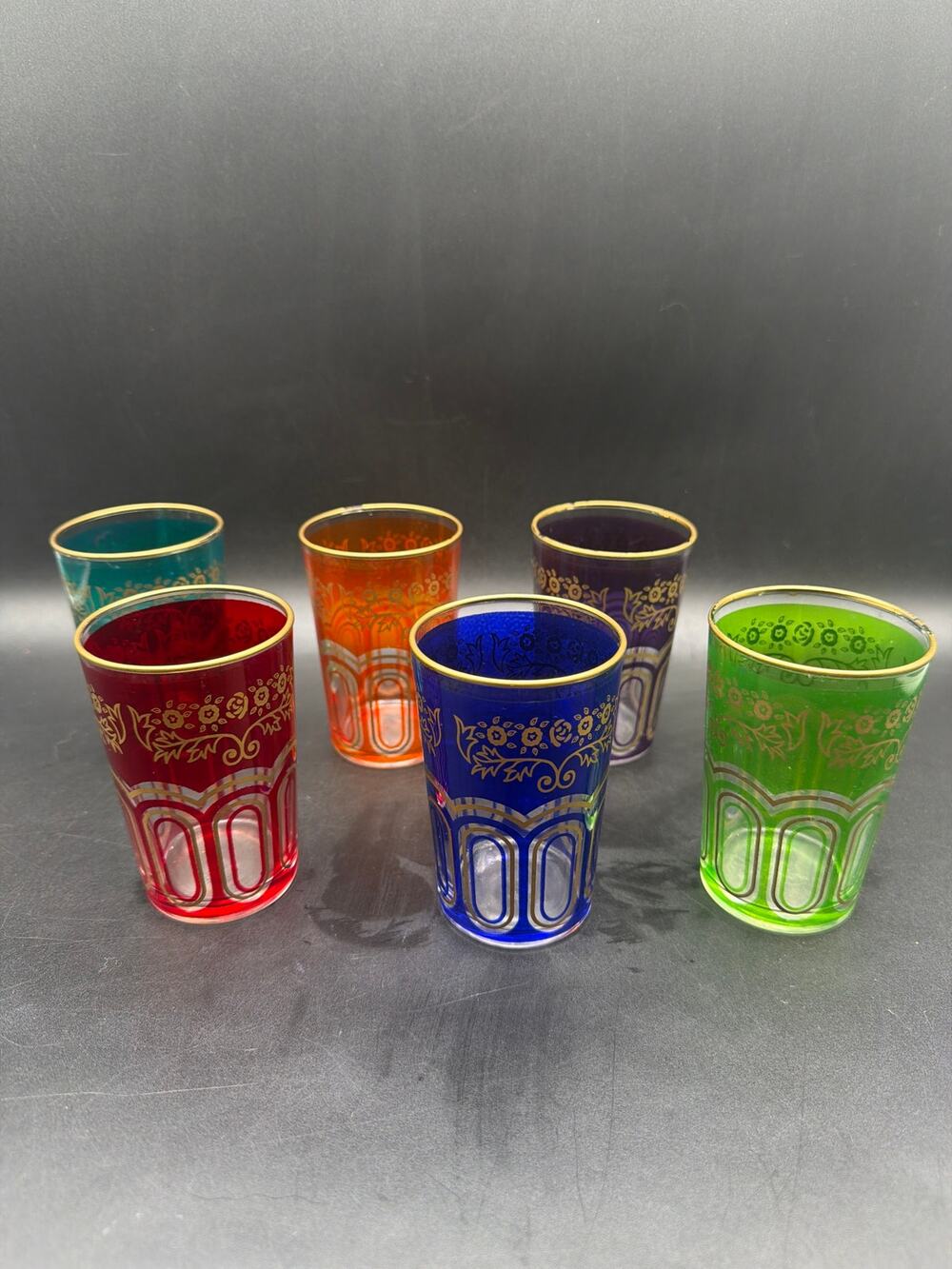 Vintage Moroccan Tea Glasses Set of 6 Jewel Tone Gold Filigree